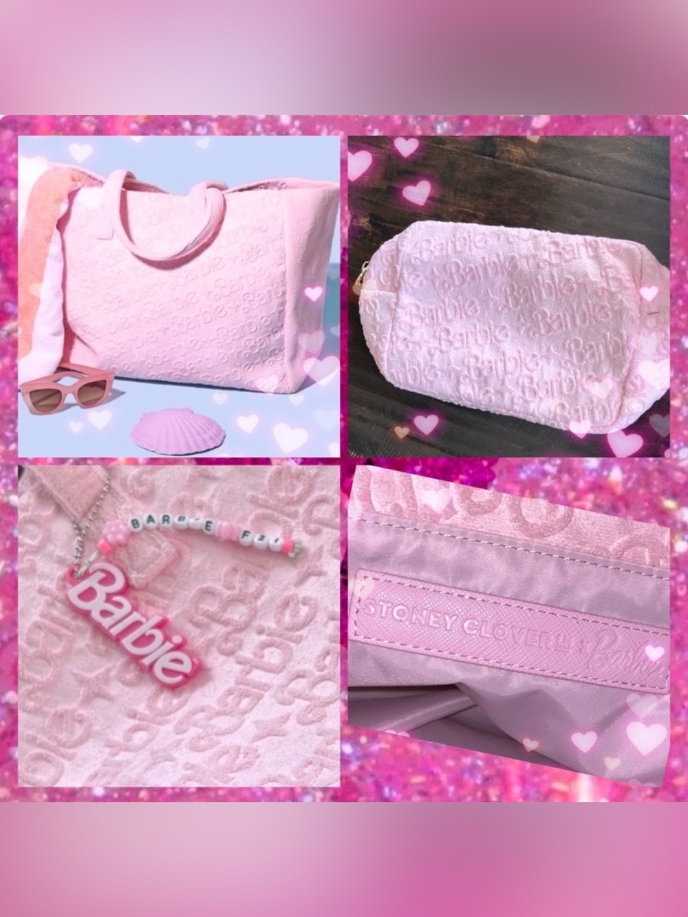 3PC Barbie x Stoney Clover Lane Pink Monogram XL Tote Bag, Cosmetic Pouch, 🔑⛓️‍💥